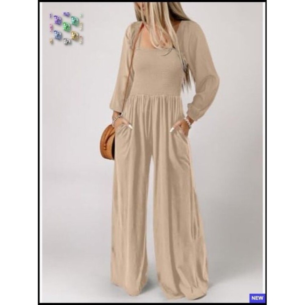 Smocked Bodice Wide Leg Jumpsuit Womens Small Tan‎ Boho Lounge Romper Pockets